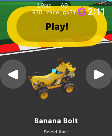 DaVinci Karts Apple Watch beta screenshot showing the Banana Bolt kart selection screen