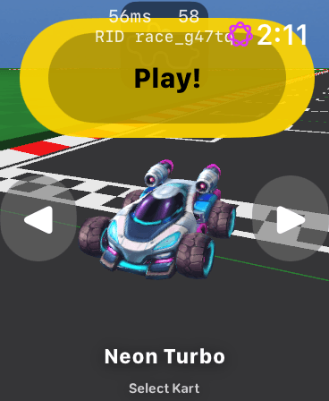 DaVinci Karts Apple Watch beta screenshot showing the Neon Turbo kart selection screen