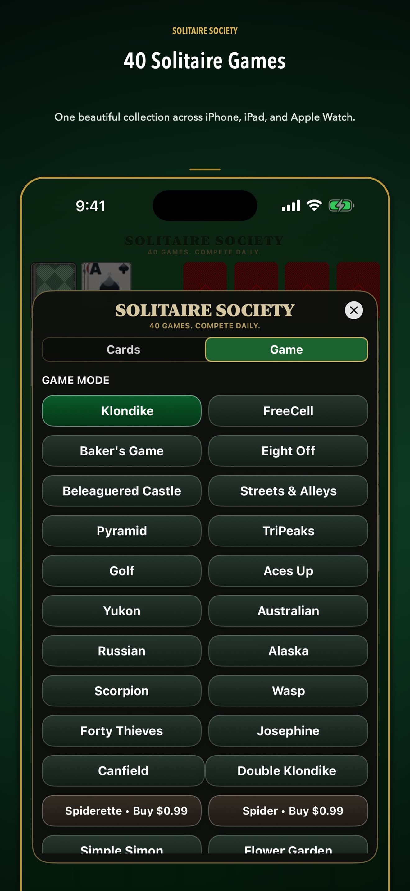 Solitaire Society forty-game library on iPhone